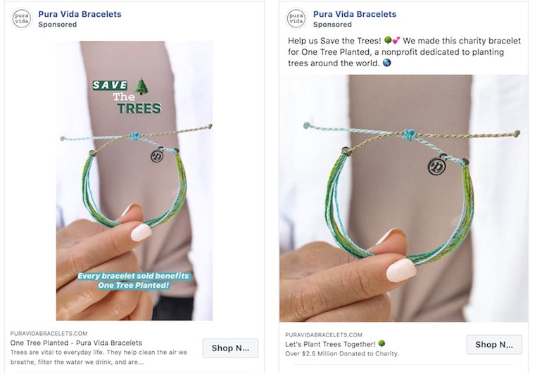 paid social: pura vida ads with text on the image, and without