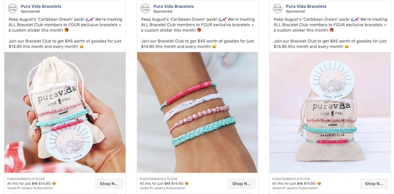paid social: pura vida pink bracelets displayed alone and on wrists in ads