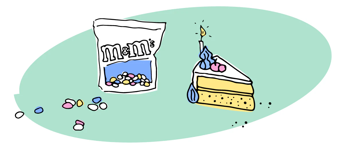 Illustration of Peanut M&M's and a slice of cake representing progressive enhancement. 