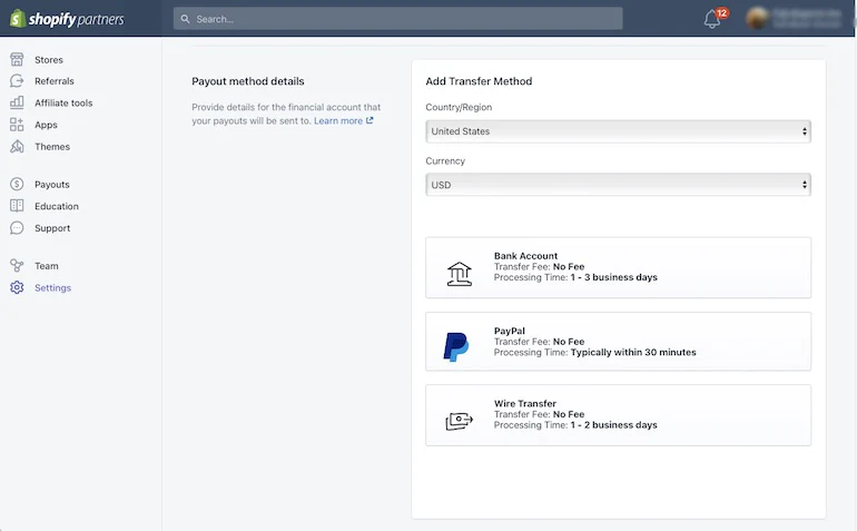 Screenshot of the Shopify CMS under the Settings tab, "adding a payout method" where the user can select the region, currency and payout institution