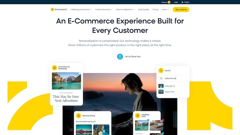 The homepage of personalization tool Bloomreach indicating that it'll help you built an ecommerce experience for every customer.