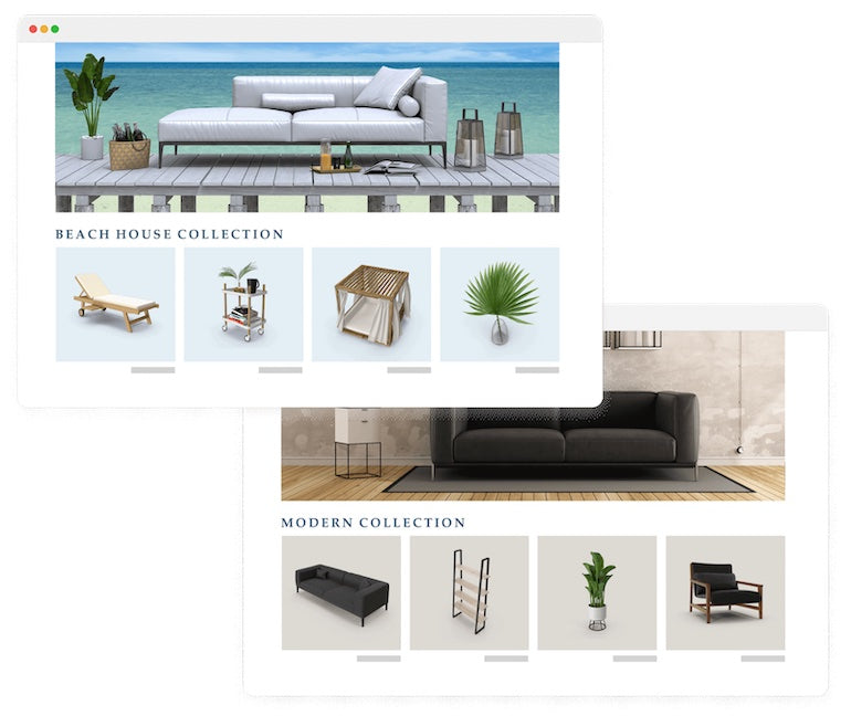 Two screenshots of an ecommerce site selling furniture, one displaying a beach house collection, the other one a modern collection.