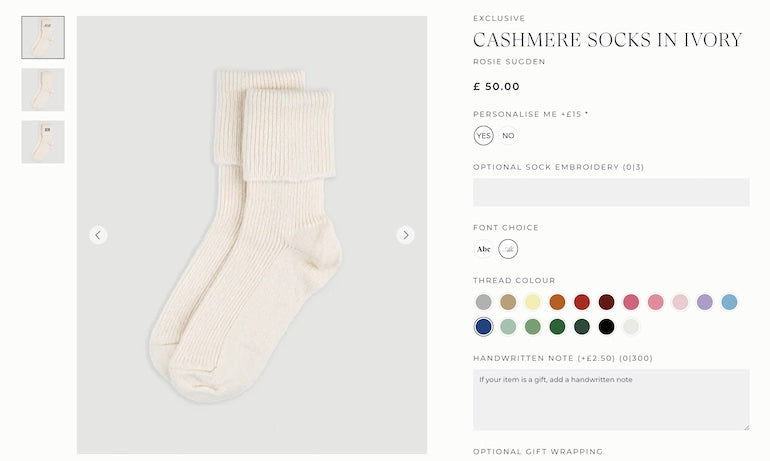 Ivory cashmere socks for sale on a bridal website with a photo on the left and personalization options for the customer to choose on the right, including font choice and thread color.