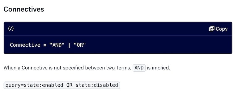 query argument graphql: screenshot from video of "connectives" syntax