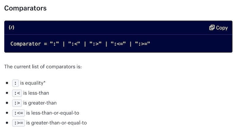 query argument graphql: screenshot from video of what the "comparators" syntax looks like