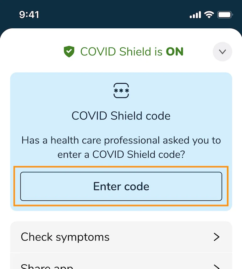 Screenshot of Covid Shield app. Enter code button is highlighted.