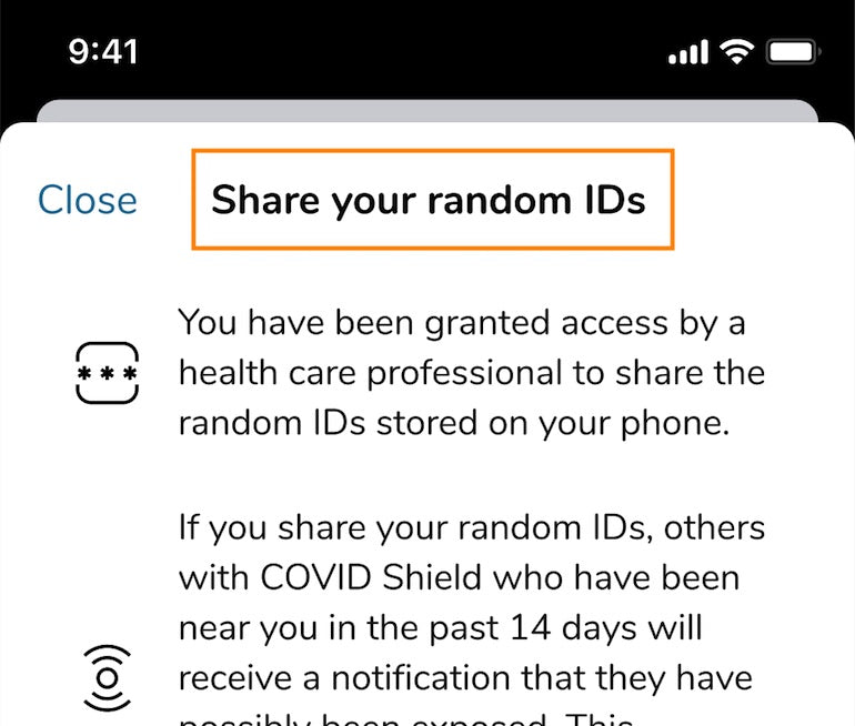 Screenshot of Covid Shield app. Large, bold heading text, Share your random IDs, is highlighted.