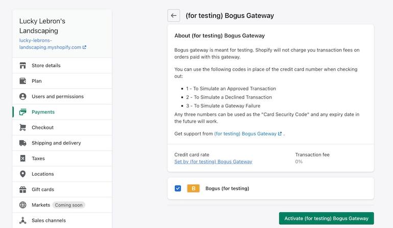 Screenshot of the bogus gateway installation page