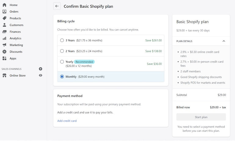 Screenshot of the confirm basic plan page