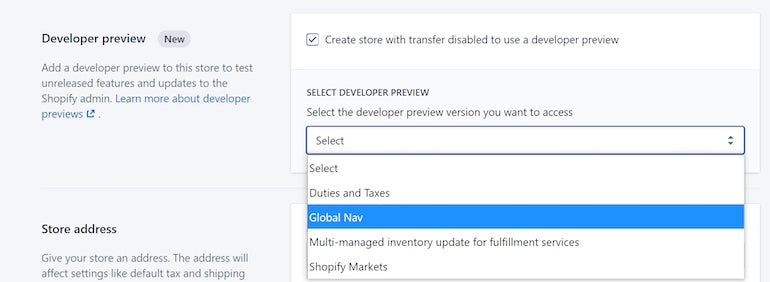 Screenshot of the developer preview section in admin