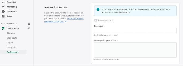 Screenshot of the password protection page in admin