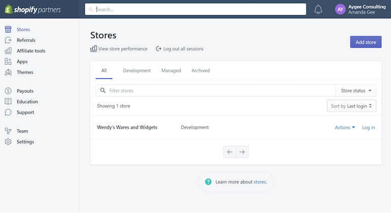 Screenshot of the store selection page, showing on option