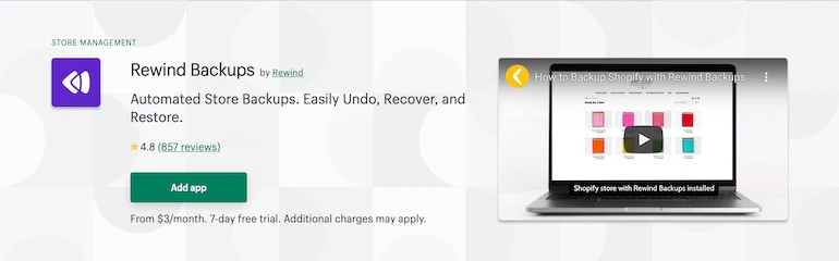 Screenshot of Rewind's app listing on the Shopify App Store with a short description and an explainer video.