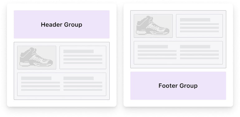 Side-by-side graphics showing the new header group on the left and the new footer group on the right.