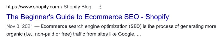 Screenshot of a google search result: The beginners guide to Ecommerce SEO