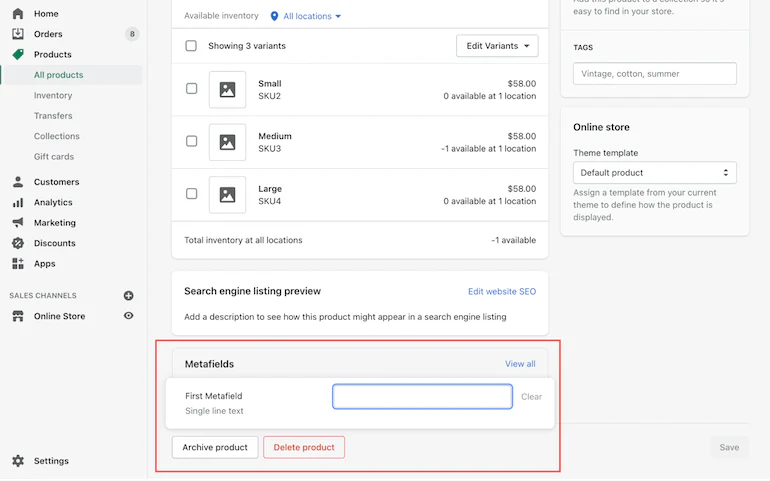 shopify api: metafields updates