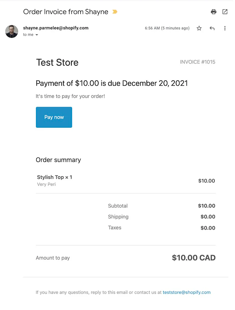 Screenshot of the email patients receive that links directly to the checkout, displaying cost, taxes, etc. 