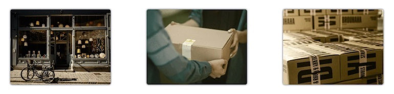Three images, side by side. A bike in front of a shop, a person handing a package to another person, and stacks of boxes.
