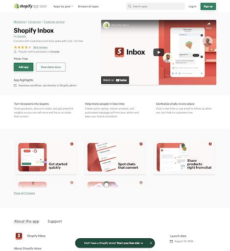 Shopify Inbox app listing