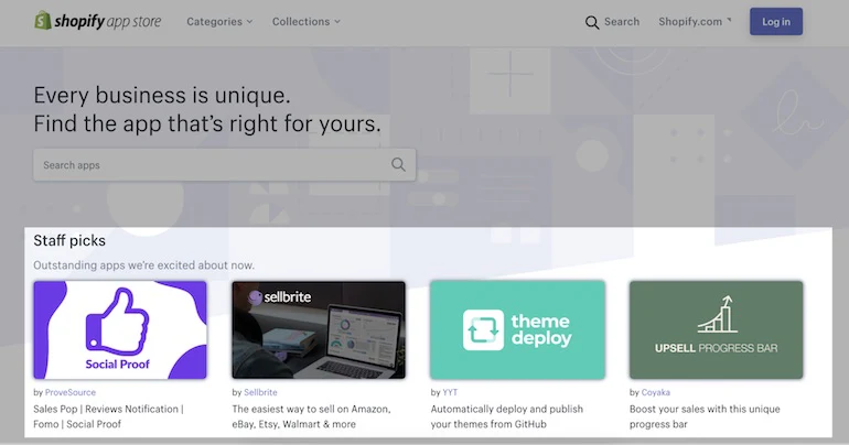 Shopify app store staff picks: Screenshot of the four apps highlighted in the Staff Picks section on the Shopify App Store.