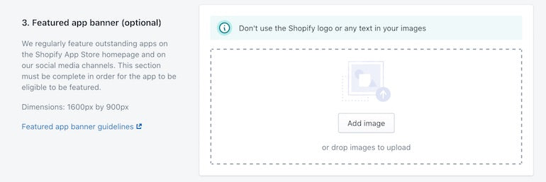 Shopify app store staff picks: Screenshot of the section of the App Listing Submission page in the Partner Dashboard where you can include the featured app banner.