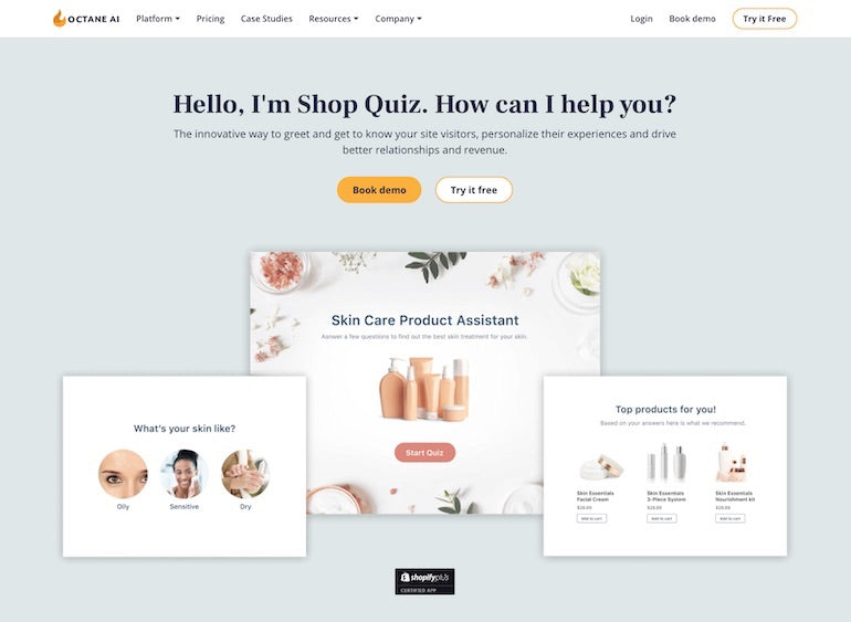 Shopify commerce awards 2020 winners: Screenshot of the Octane AI Shop Quiz landing page that shows text saying: "Hello, I'm Shop Quiz. How can I help you?"