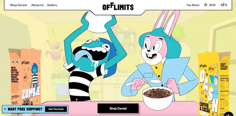 Shopify commerce awards 2020 winners: Screenshot of the OffLimits website homepage, showing the two brand mascots, Zombie and Dash the rabbit, enjoying bowls of cereal named after each mascot.