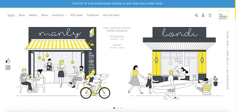 Shopify commerce awards 2020 winners: Screenshot of the animation on the Fika Swedish Kitchen home page, showing illustrations of the brick and mortar storefronts in Manly and Bondi, Australia, with customers enjoying baked goods and coffee, and walking past the shop on the way to the beach.