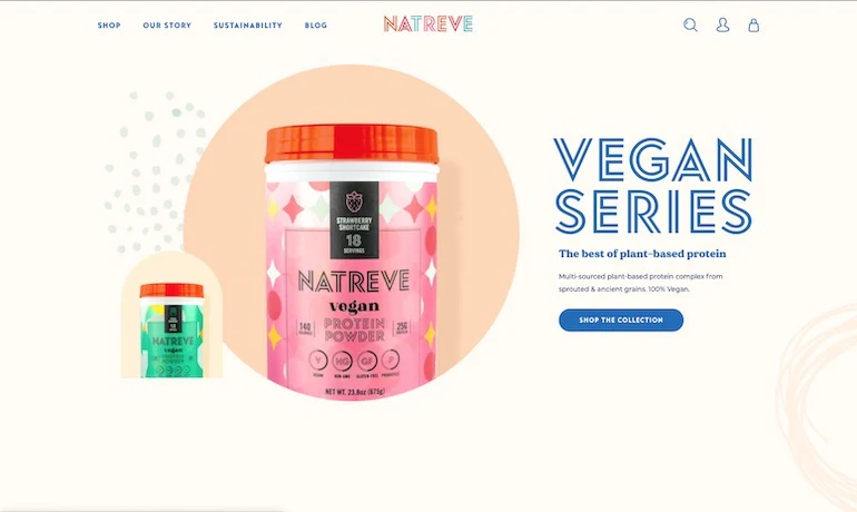 Shopify commerce awards 2020 winners: Screenshot of the Natreve website homepage, showing the vegan protein powder product collection, adapted by Shopify Commerce Awards 2020 winners Pattern + Presidio into the Best Mobile Store Experience.