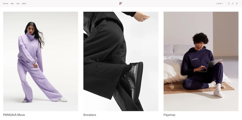 Shopify commerce awards 2020 winners: Screenshot of the Pangaia website homepage, showing product categories sportswear, sneakers, and pyjamas, rebuilt by Shopify Commerce Awards 2020 winners We Make Websites.