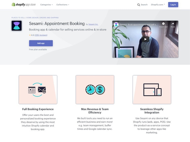 Shopify commerce awards 2020 winners: Screenshot of the Sesami appointment booking landing page on the Shopify App Store.