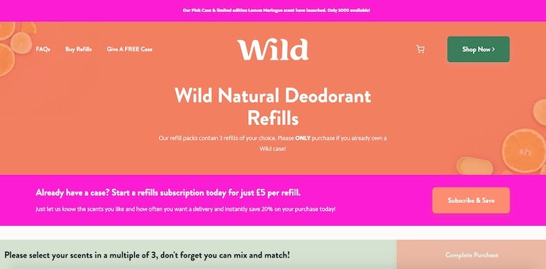 Shopify commerce awards 2020 winners: Screenshot of the Wild website homepage, showing bright orange and pink brand colors and a call-to-action button encouraging visitors to subscribe and save.