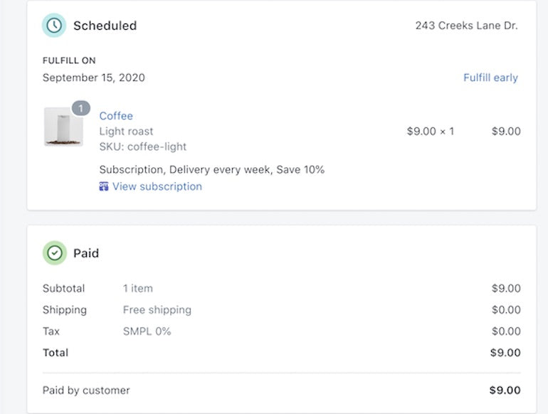 An order example when using a subscription app. It includes the order details including product, quantity, delivery address, and whether it's been paid for.