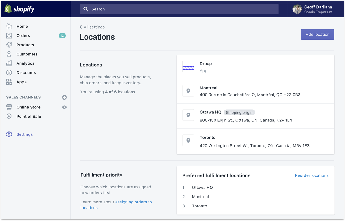 shopify locations developer admin