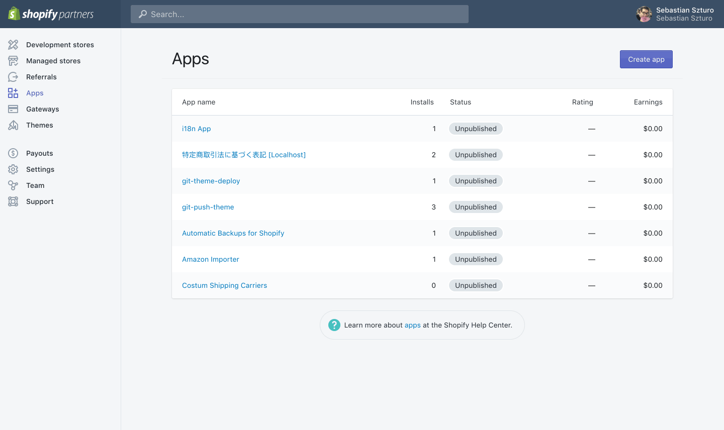 Shopify Partner Dashboard: Apps Page