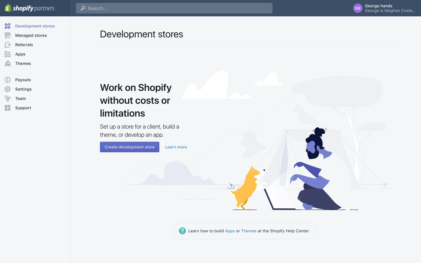 Shopify Partner Dashboard: Development Stores Page