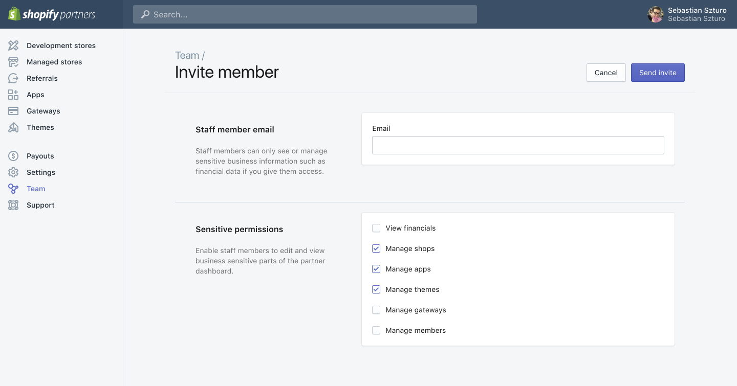 Shopify Partner Dashboard: Invite Team Member