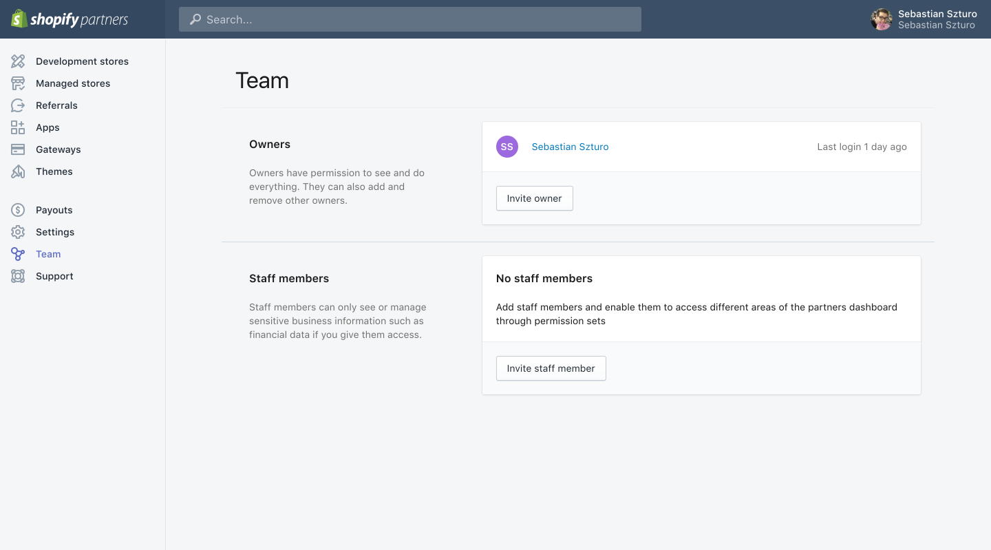 Shopify Partner Dashboard: Team Page