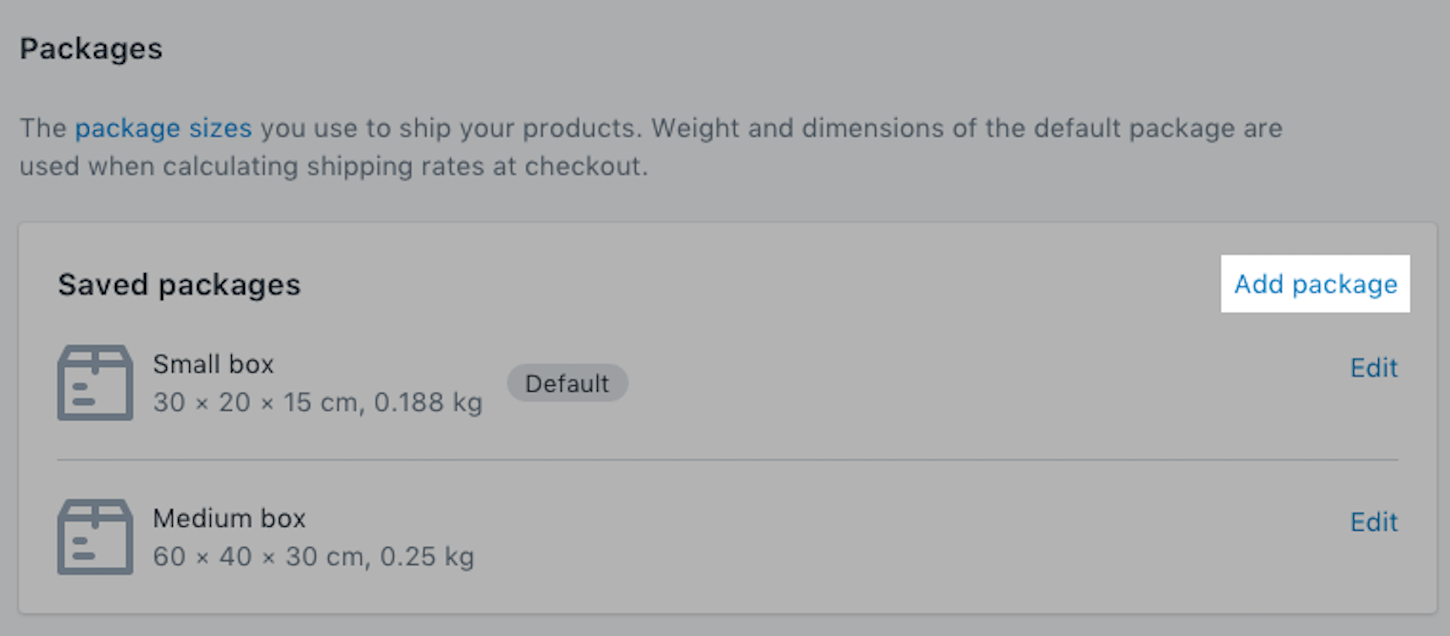 shopify shipping: package type