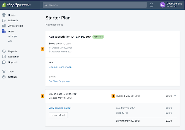 Shopify Unite 2021 Announcements: Screenshot of the new Charge overview page, which now shows 1. the app charge status date 2. the app subscription cycle 3. the merchant invoice date