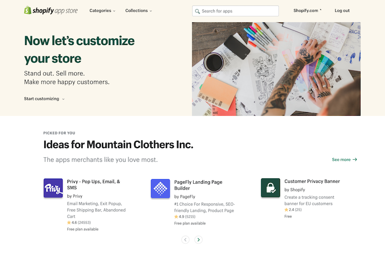 Shopify Unite Announcements 2021: A screenshot of the new Shopify App Store homepage showing a category of personalized app recommendations for a merchant.