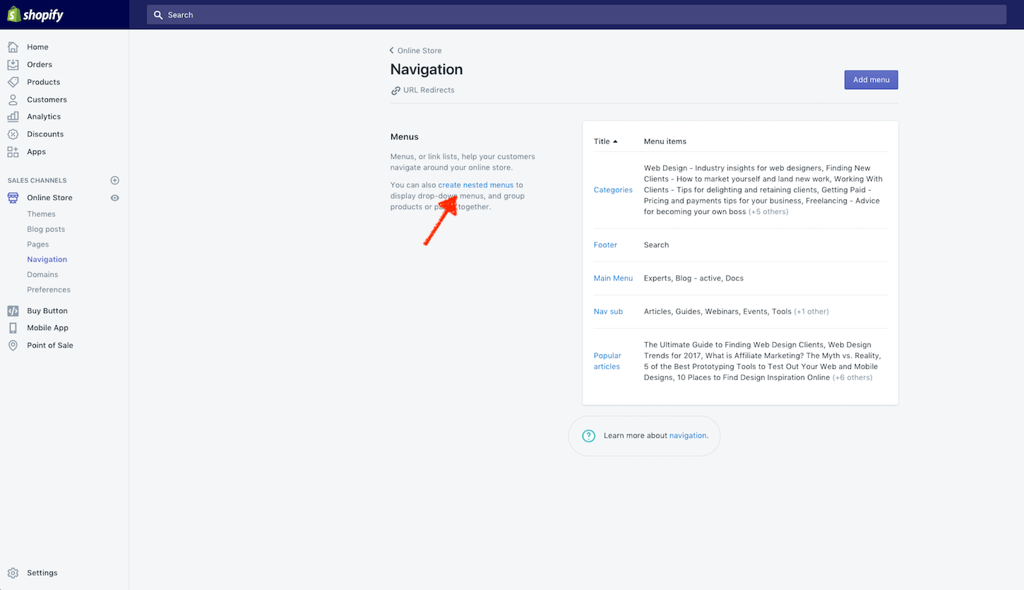 Shopify updates feb 9: nested navigation