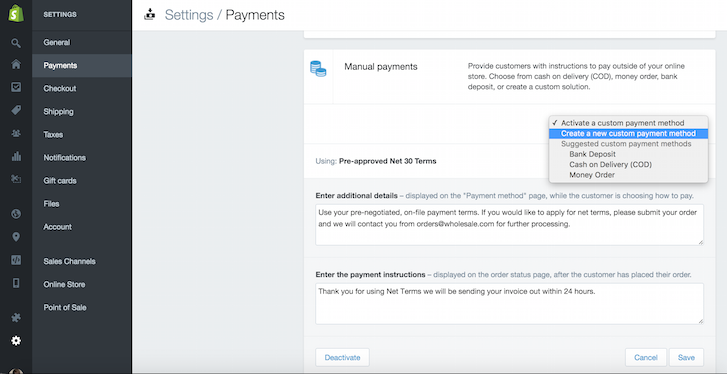 Creating a custom payment method on your Shopify wholesale store