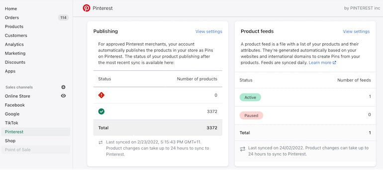 A screenshot of the shopify backend where merchants can upload their catalogs to Pinterest