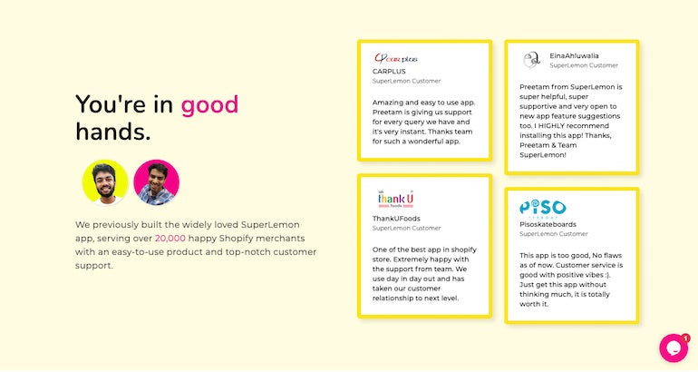 Social proof: DelightChat displaying four reviews in a grid format against a yellow background beside the heading, "You're in good hands."
