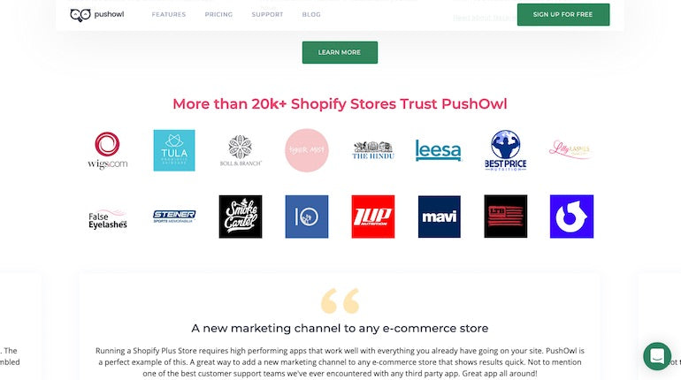 Social Proof: PushOwl displays the logos of key identifiable partners on their website