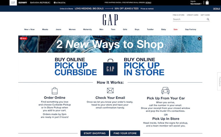 A screenshot of GAP main page that highlights customer fulfillment options