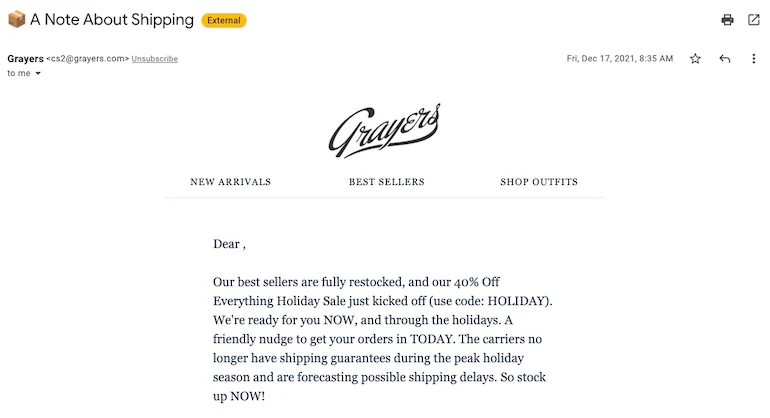 Screenshot image of the email Grayers sent out to customers