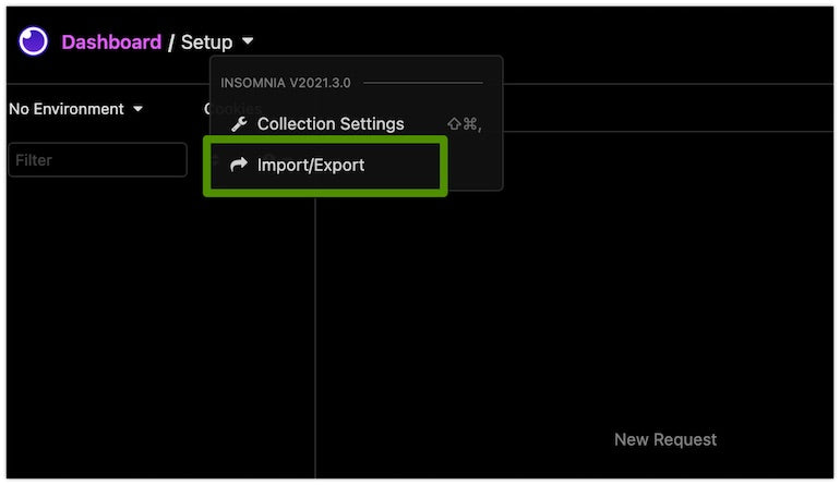 Storefront API learning kit: screenshot of Insomnia displaying a dropdown menu with import/export options