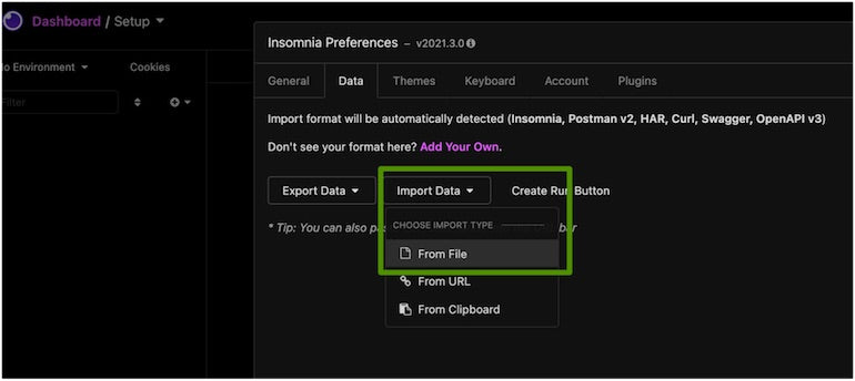 Storefront API learning kit: screenshot of Insomnia displaying options to export data, import data, or create a run button. Under the import data option there's a drop-down menu with the options "from file," "from URL," or "from Clipboard." A green box surrounding "from File"